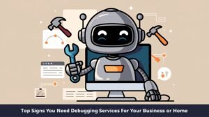 "Cartoon robot with tools emerging from a computer screen representing debugging services for business or home"