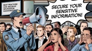 "Comic-style security officer with megaphone urging crowd to secure sensitive information"