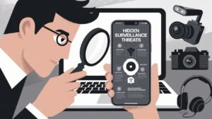 "Illustration of a man analyzing hidden surveillance threats on a smartphone with spy gadgets in the background" "Illustration of a man analyzing hidden surveillance threats on a smartphone with spy gadgets in the background"