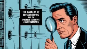 Illustration of a man using a magnifying glass to examine holes in a wall, symbolizing the dangers of eavesdropping and the need to protect sensitive conversations.
