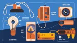 Illustration showing various surveillance and spying devices, including hidden cameras, wiretaps, RF analyzers, eavesdropping tools, and mobile phone spyware.