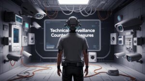 Person wearing advanced surveillance detection gear standing in a high-tech room surrounded by security cameras and monitoring equipment, with a screen displaying "Technical Surveillance Counter Measures."