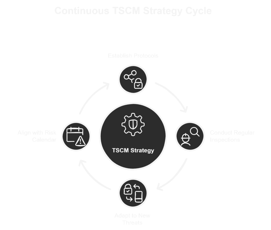 “Continuous TSCM Strategy Cycle: Diagram showing steps for an effective Corporate TSCM plan including establishing protocols, conducting regular inspections, adapting to new threats, and aligning with the company’s risk calendar.”