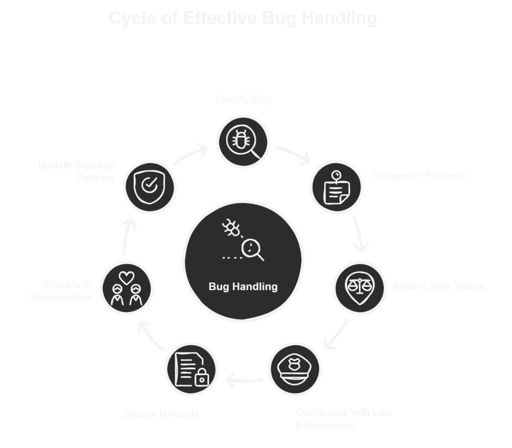 “Cycle of Effective Bug Handling: Steps for managing discovered surveillance bugs including identification, evidence documentation, legal notification, law enforcement coordination, securing records, stakeholder communication, and updating security policies.”