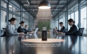 A sophisticated conceptual advertisement for TSCM (Technical Surveillance Countermeasures) services showcasing a modern, glass-walled corporate office, subtly highlighting the unseen threat of technological surveillance. A seemingly innocuous USB charger, cleverly disguised as a standard office supply, sits on a polished desk, bathed in a focused spotlight that draws the viewer's eye, while blurred figures work diligently in the background, reinforcing the vulnerability of sensitive data. The image utilizes a cool, professional color palette of grays and blues with subtle hints of green, creating a sense of quiet concern and technological precision, with the text "The Rise of AI-Powered Spy Devices: New Threats for Corporate TSCM Services to Tackle in 2025" elegantly placed in the lower corner. The overall composition conveys a feeling of understated urgency, emphasizing the critical need for proactive security assessments and professional TSCM expertise.